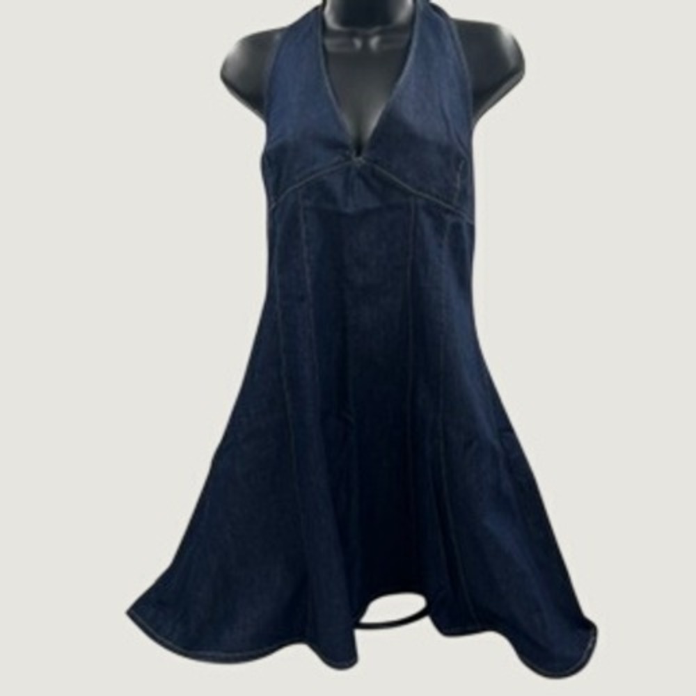 Zara Dark Wash Denim Halter Mini Dress Blue Fit and Flare XL 6829/086/443